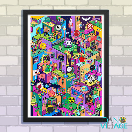Joyful World isometric framed art print, a colourful character-packed city by Daniel Sulzberg