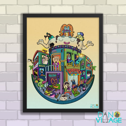 Cafe Namaste framed art print pairing yoga and coffee, illustrated by Daniel Sulzberg