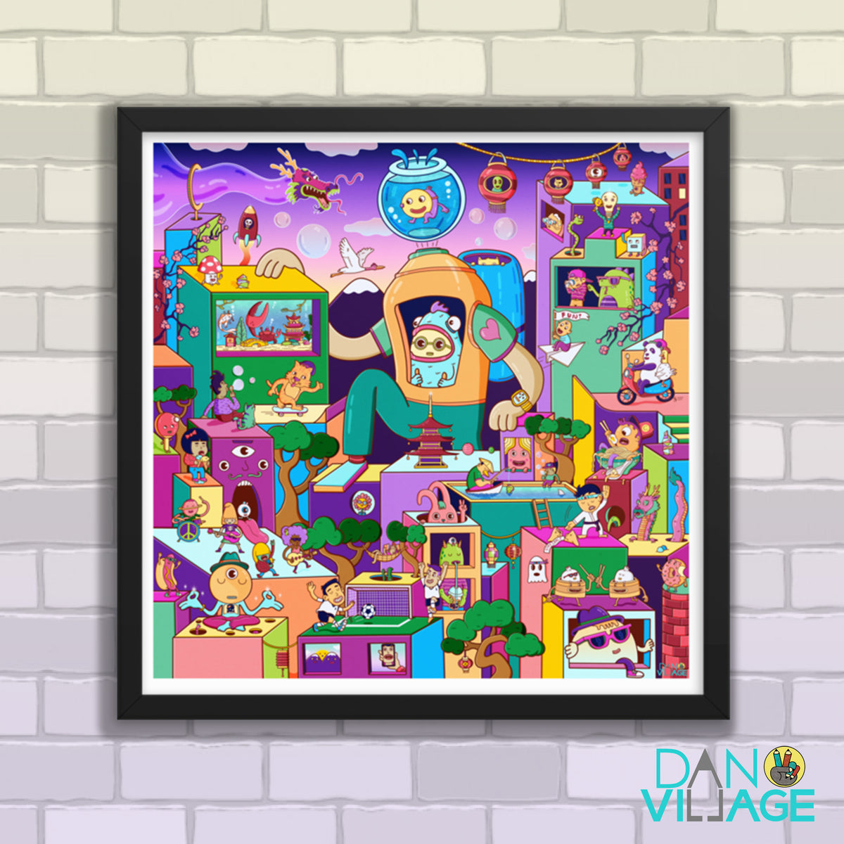 Happy Bubble City framed art print, a surreal isometric world by Daniel Sulzberg