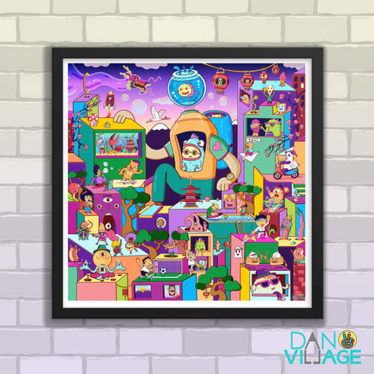 Happy Bubble City framed art print, a surreal isometric world by Daniel Sulzberg