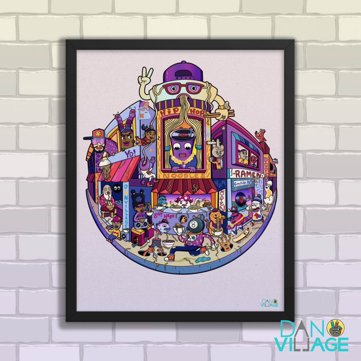 Hip Hop Noodles framed art print, a surreal ramen and rap world by Daniel Sulzberg