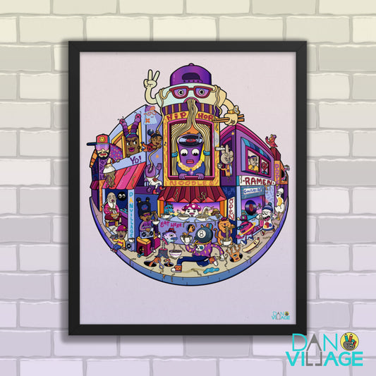 Hip Hop Noodles framed art print, a surreal ramen and rap world by Daniel Sulzberg