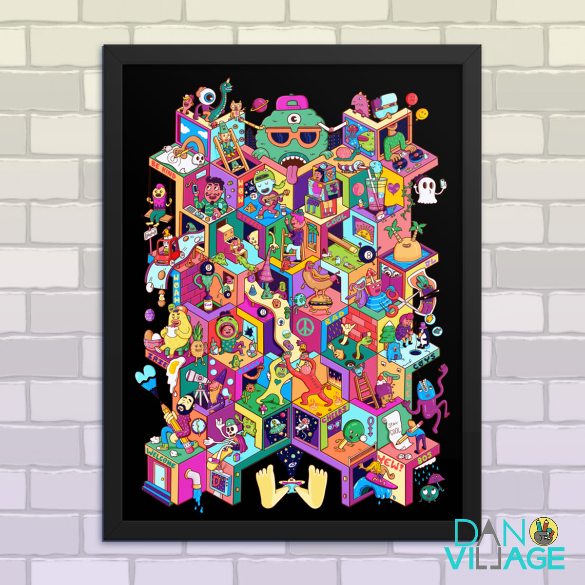 Isometric Mayhem framed art print, a colourful character-packed city by Daniel Sulzberg