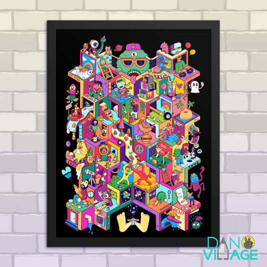 Isometric Mayhem framed art print, a colourful character-packed city by Daniel Sulzberg