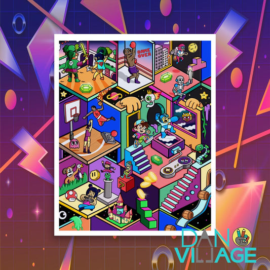 Retro Arcade Dreamscape art poster, an isometric arcade city by Daniel Sulzberg