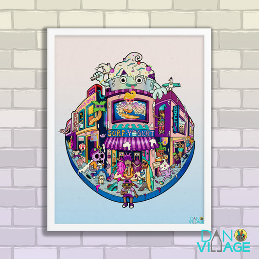 Surf and Yogurt framed art print, a funny illustrated California scene by Daniel Sulzberg