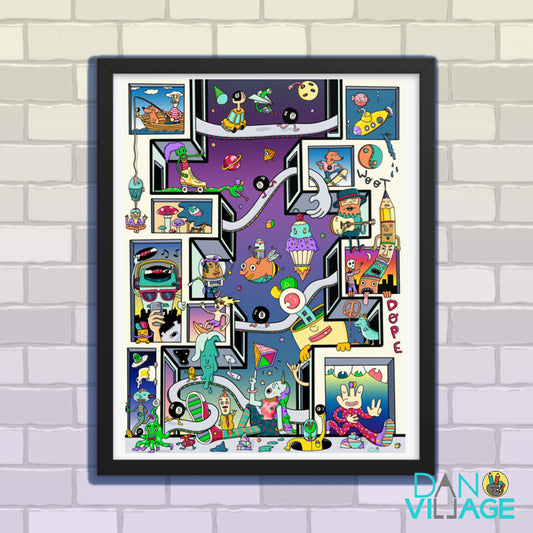 Wacky Windows framed art print, a surreal apartment block of characters by Daniel Sulzberg