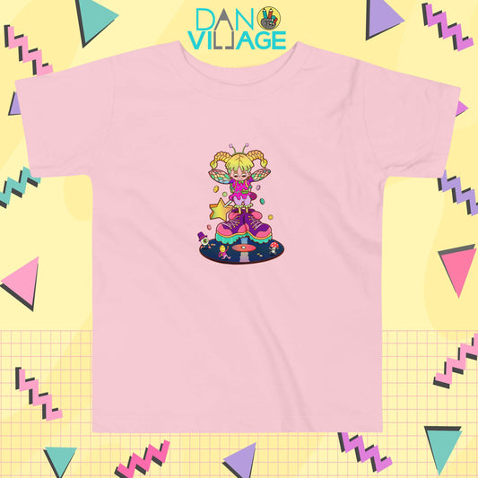 1990s rave fairy toddler t-shirt with neon nostalgia by illustrator Daniel Sulzberg