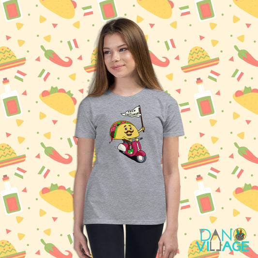 Youth t-shirt featuring an illustrated taco design by Danvillage Art Lab