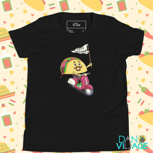 Gift-ready youth t-shirt for young food fans, featuring an illustrated taco design