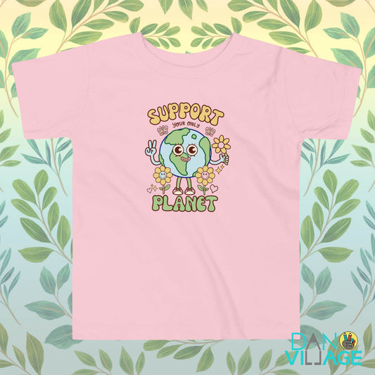 Support Your Only Planet toddler tee with a cheerful illustrated Earth