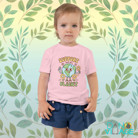 Illustrated Earth Day toddler t-shirt featuring a happy smiling planet design