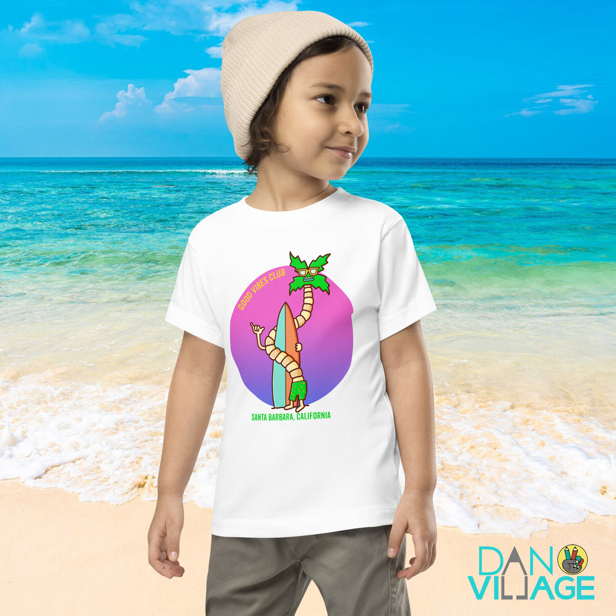 Illustrated California toddler t-shirt with palm trees and a surfer character