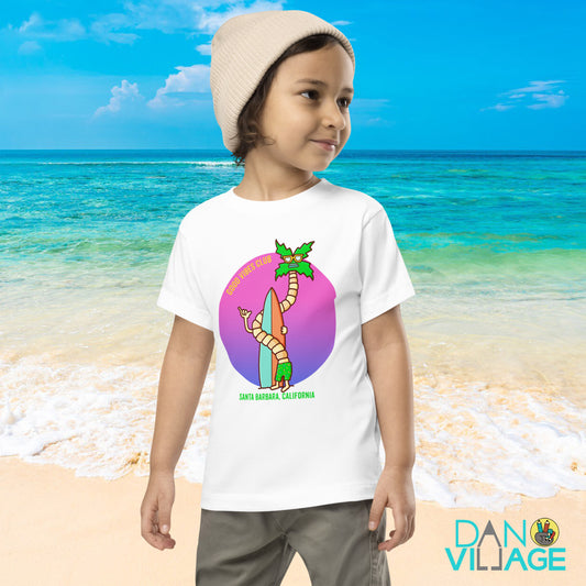 Illustrated California toddler t-shirt with palm trees and a surfer character