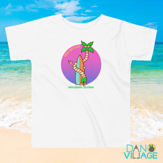 Good Vibes Club Santa Barbara toddler tee with illustrated palms and surf
