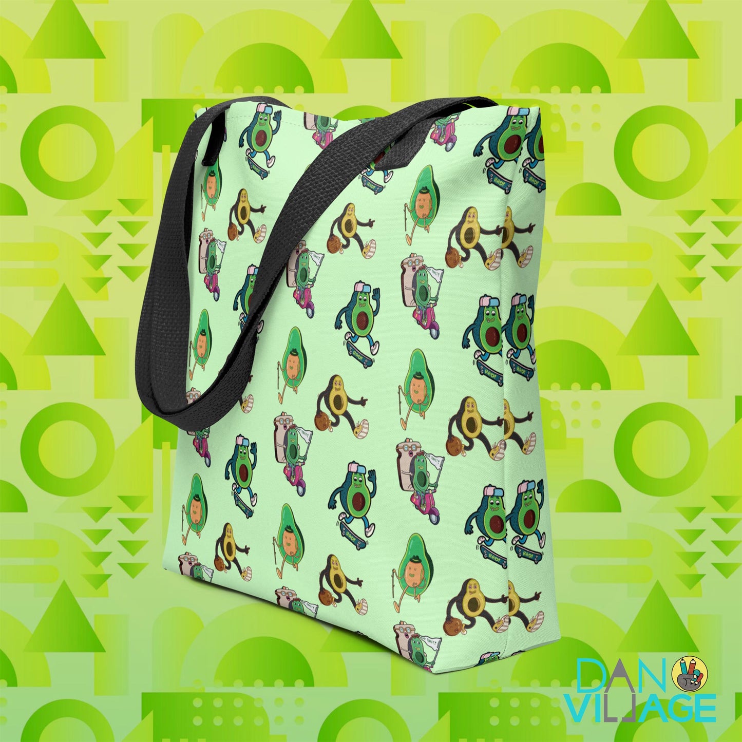 Avocado Crew tote bag with illustrated avocado characters by Daniel Sulzberg