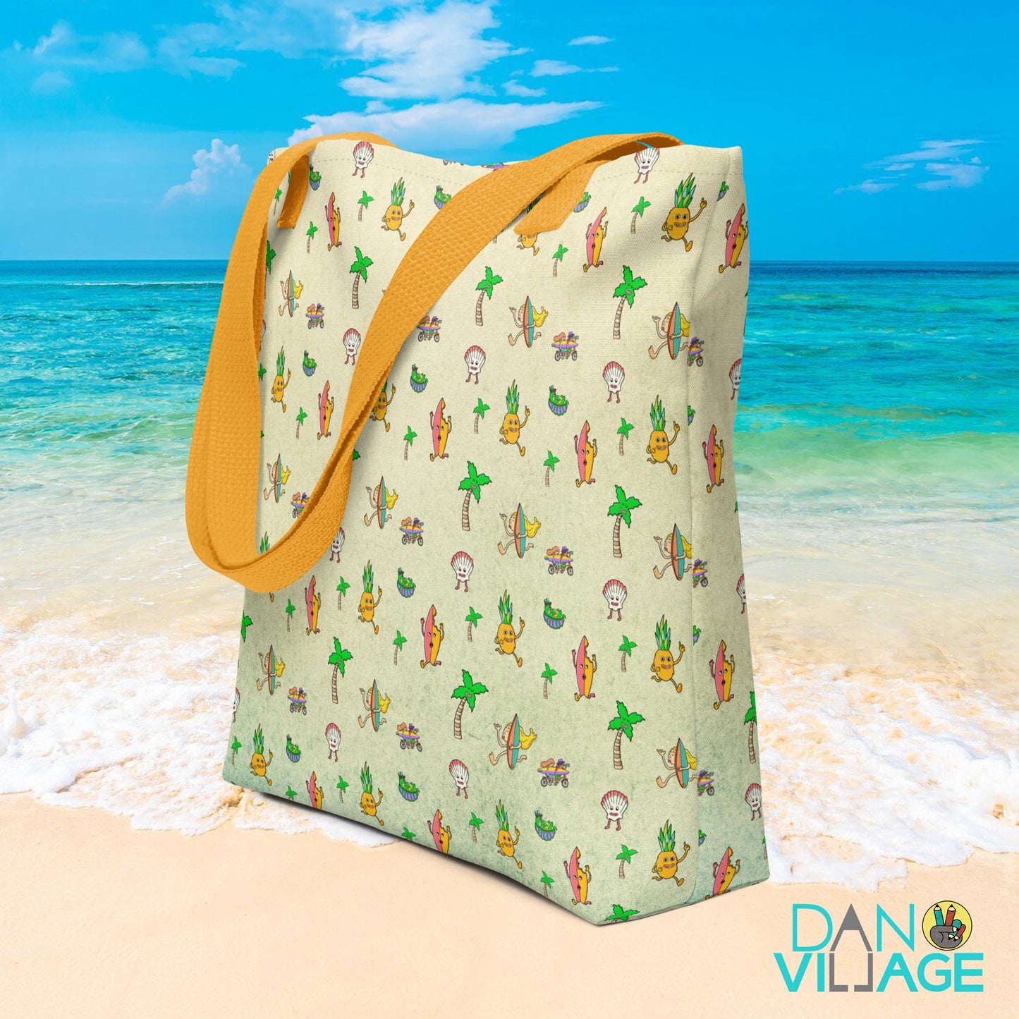 Danvillage Beach Crew tote bag with illustrated palms, surf and characters
