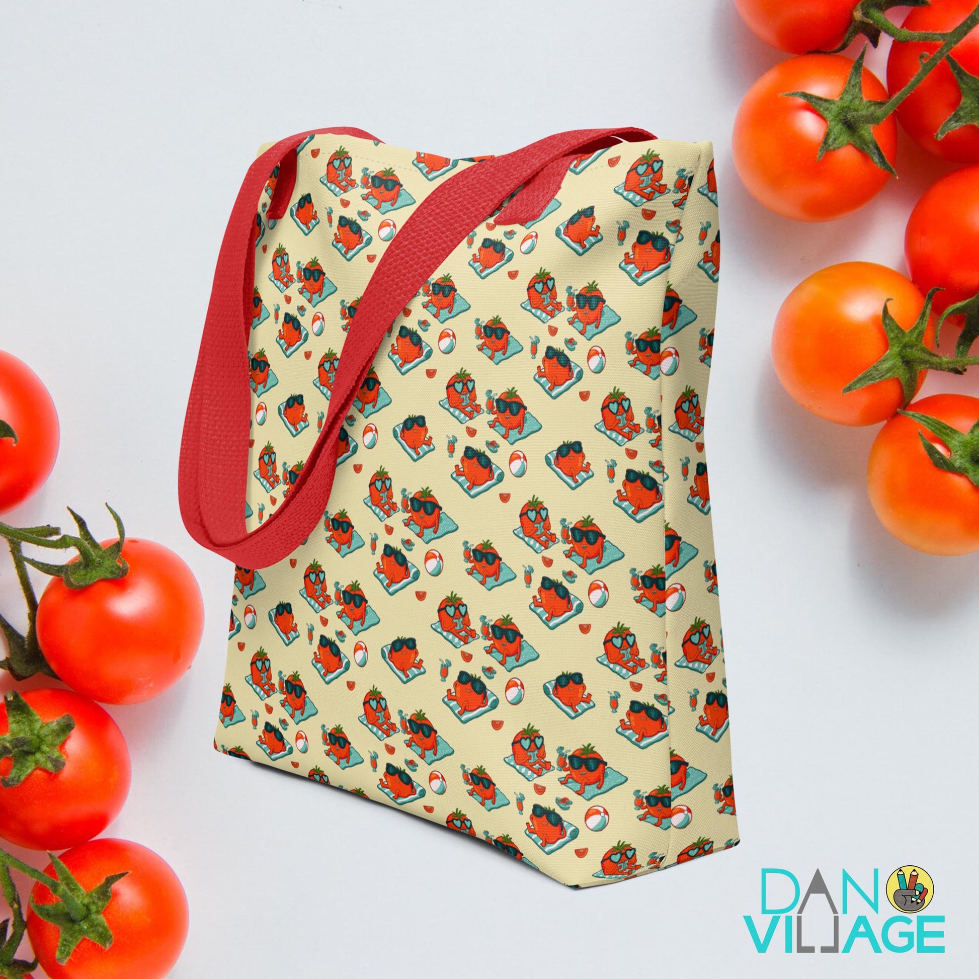 Summer Tomato farmers market tote bag with illustrated tomatoes by Daniel Sulzberg