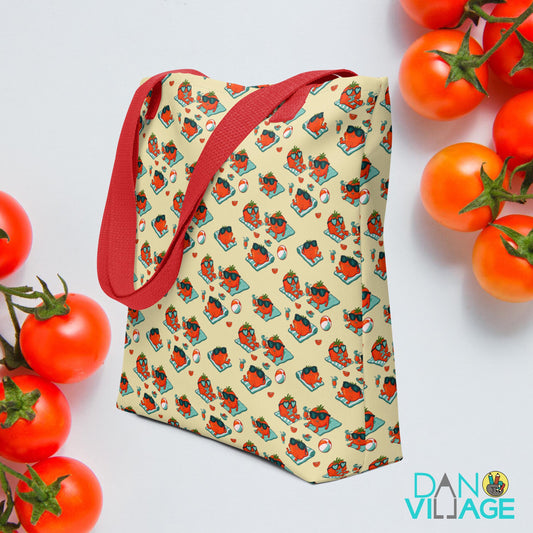 Summer Tomato farmers market tote bag with illustrated tomatoes by Daniel Sulzberg