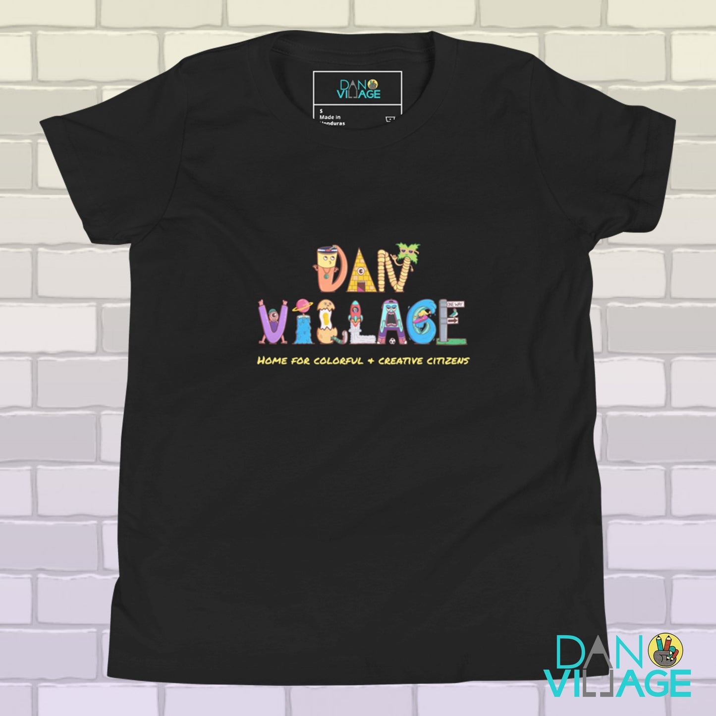 Danvillage character logo youth t-shirt, colourful wearable art by Daniel Sulzberg
