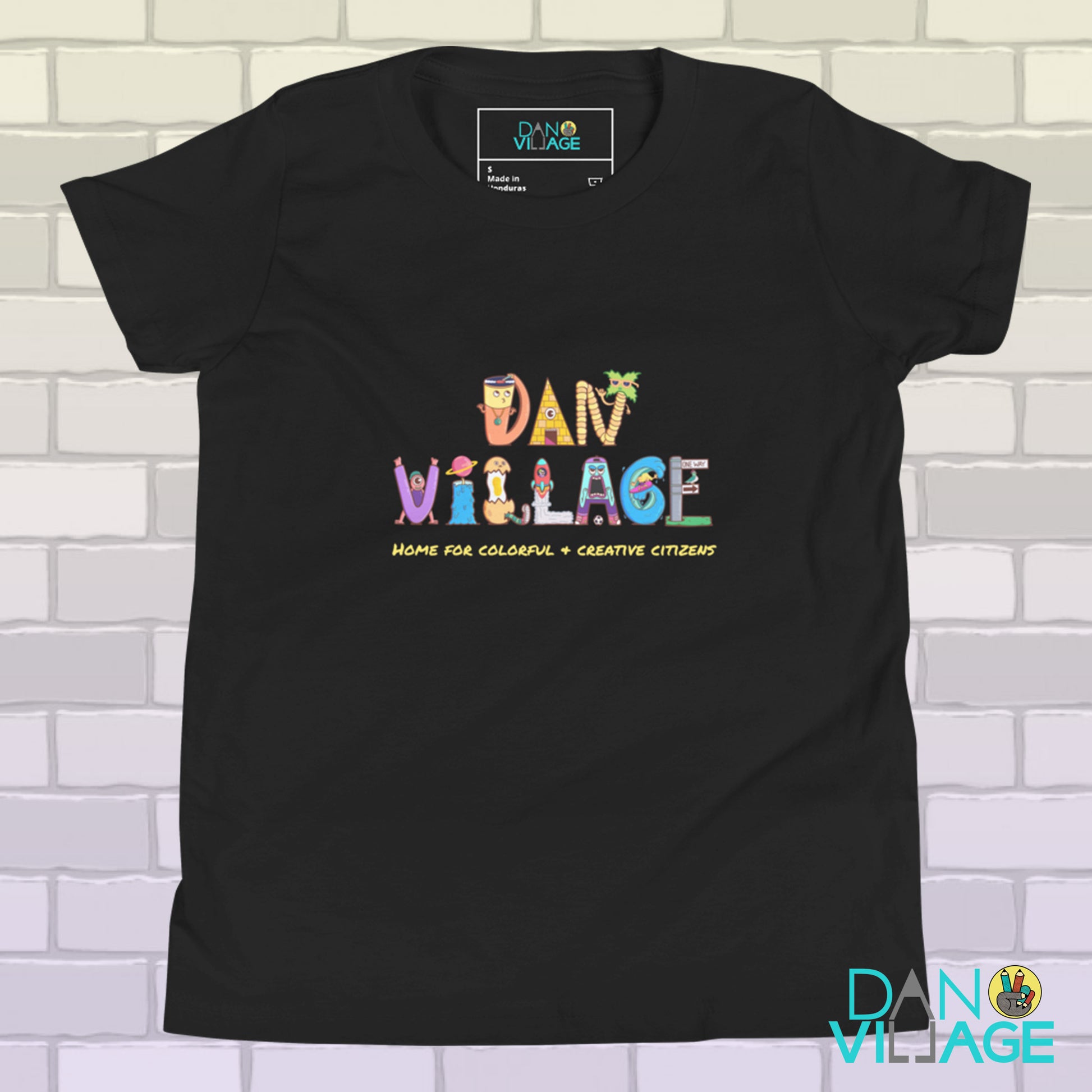 Danvillage character logo youth t-shirt, colourful wearable art by Daniel Sulzberg