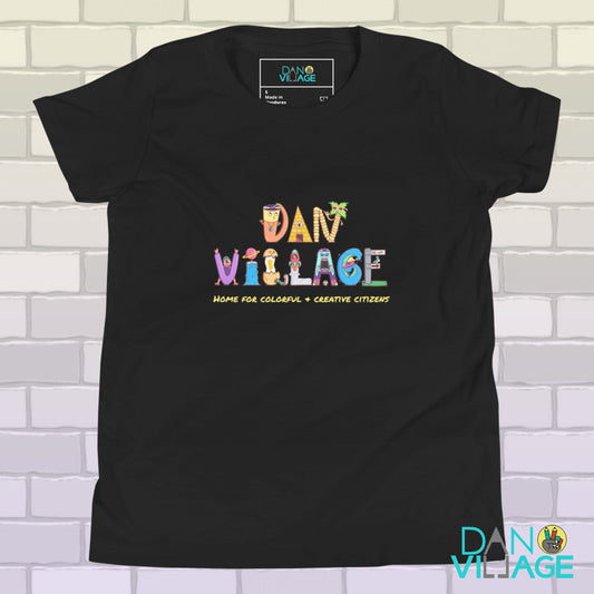 Danvillage character logo youth t-shirt, colourful wearable art by Daniel Sulzberg