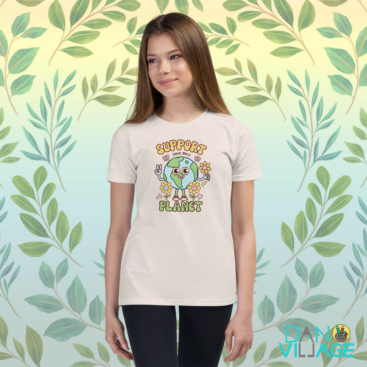 Illustrated Earth Day youth t-shirt featuring a happy smiling planet design