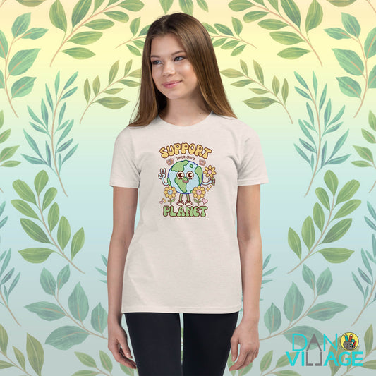 Illustrated Earth Day youth t-shirt featuring a happy smiling planet design