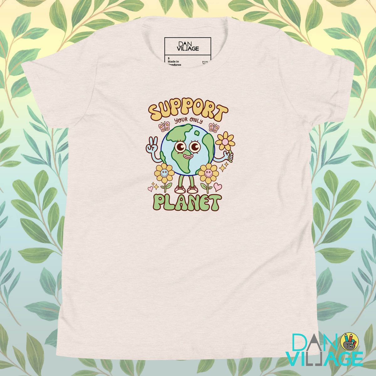 Support Your Only Planet youth tee with a cheerful illustrated Earth