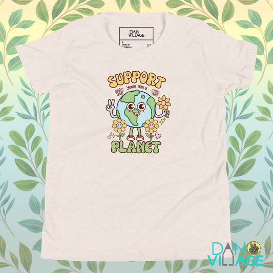 Support Your Only Planet youth tee with a cheerful illustrated Earth