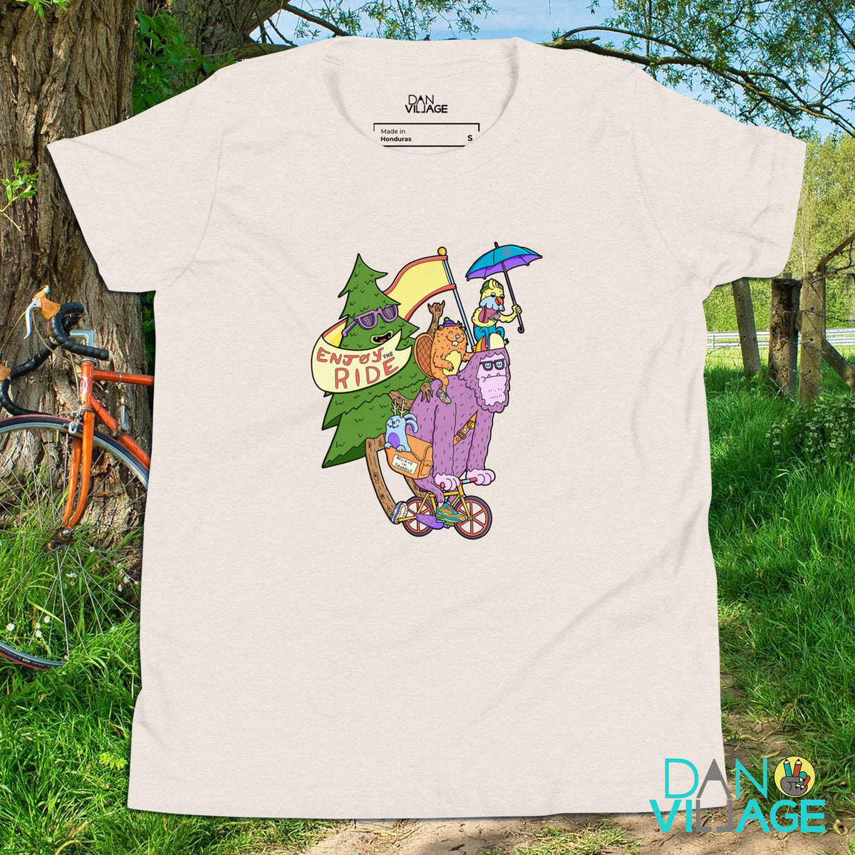 Enjoy the Ride youth t-shirt with a sasquatch on a bicycle by Daniel Sulzberg