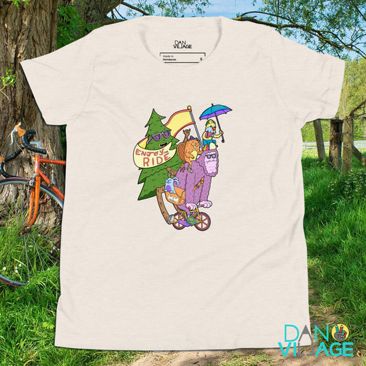 Enjoy the Ride youth t-shirt with a sasquatch on a bicycle by Daniel Sulzberg