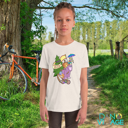 Funny illustrated kids cycling tee featuring a happy sasquatch riding a bike