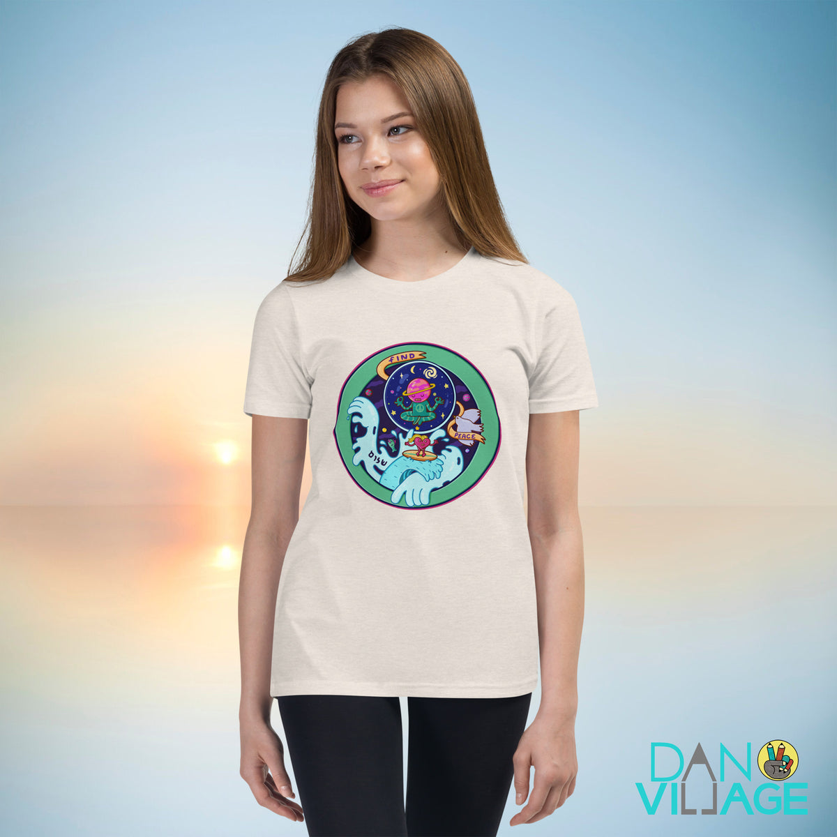 Illustrated mindfulness kids tee with a warm Find Peace message for young people