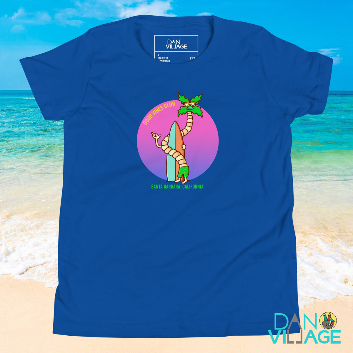 Good Vibes Club Santa Barbara youth tee with illustrated palms and surf