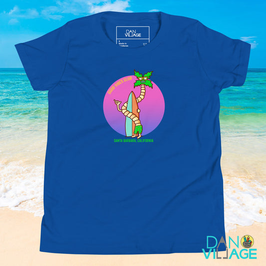 Good Vibes Club Santa Barbara youth tee with illustrated palms and surf