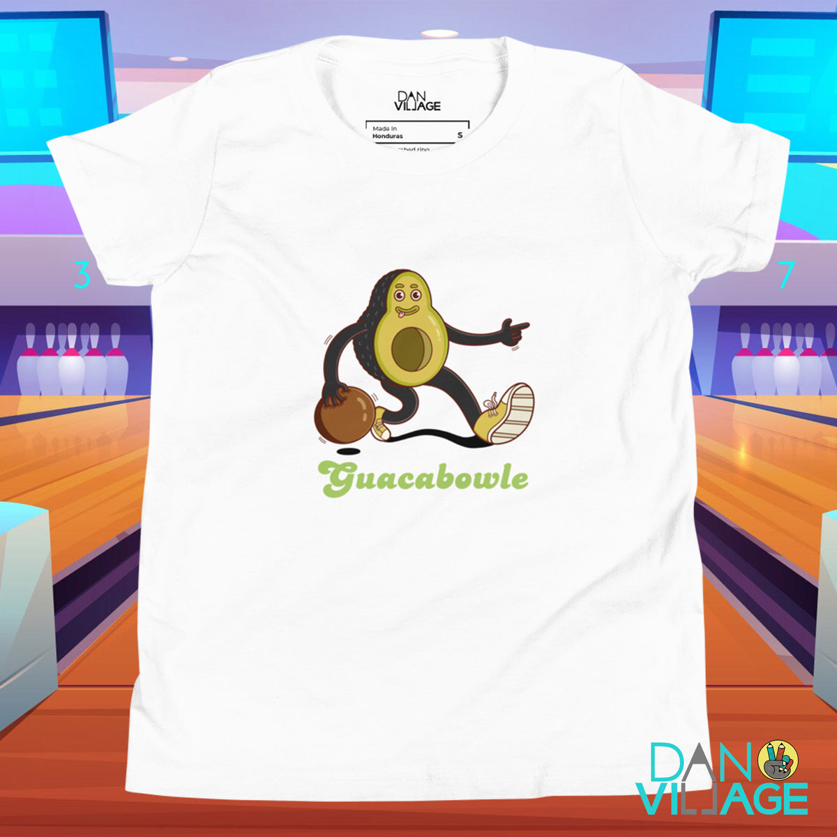 Guacabowle avocado bowling youth t-shirt, an original pun design by Daniel Sulzberg