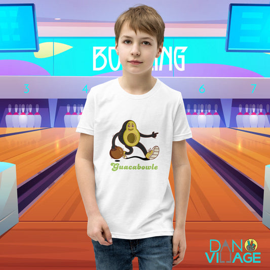 Funny illustrated avocado bowling kids tee for young and dedicated joke tellers