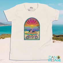 Load image into Gallery viewer, Santa Barbara Life California Sunset bikes Surfing ocean and beach happy bright  Youth Short Sleeve T-Shirt