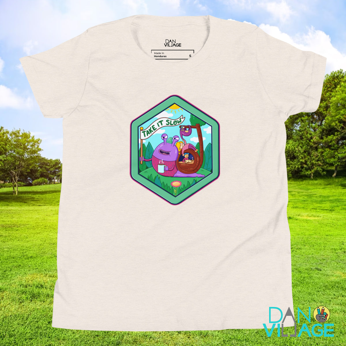 Take It Slow sloth and snail youth t-shirt, an original design by Daniel Sulzberg