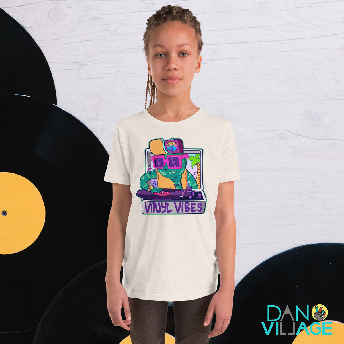Illustrated youth tee with a hand-drawn record player illustration, made for kids raised on records by Danvillage Art Lab