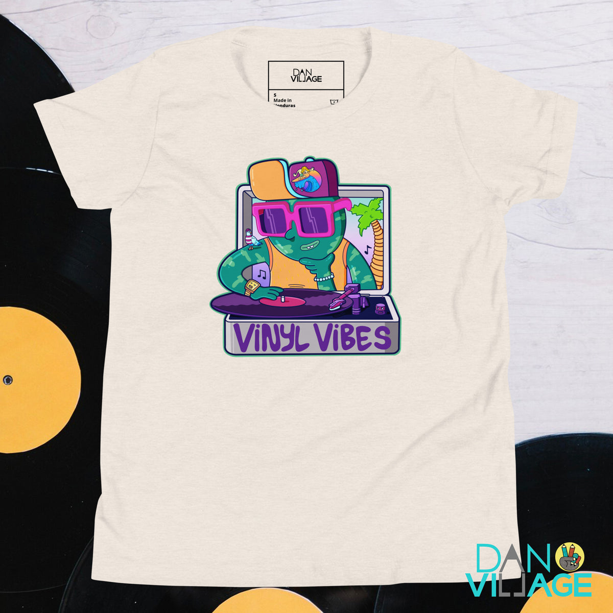 Vinyl Vibes illustrated youth tee, an original retro record player graphic