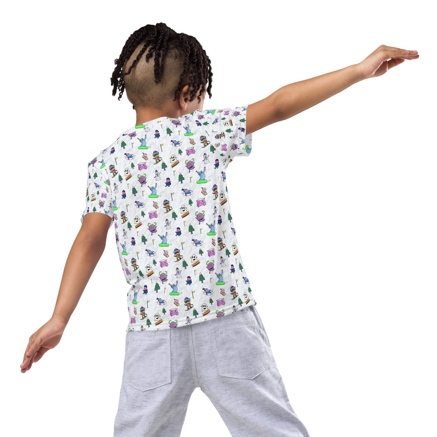 Bold illustrated winter sports kids tee built around a ski and snowboard monsters pattern by Danvillage Art Lab