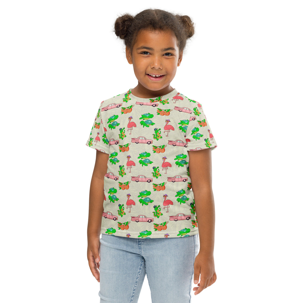 Florida Vacation Cute Flamingos Cadillacs Alligators Sea Turtles Oranges Patterned All-Over Kids crew neck t-shirt