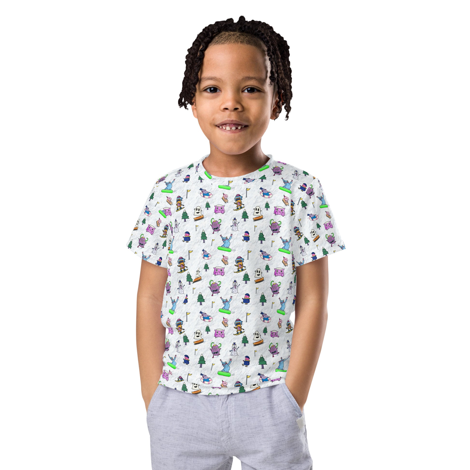 Gift-ready kids t-shirt for ski and snowboard families, featuring a hand-drawn winter monster design