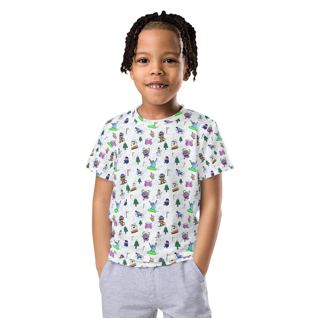 Winter Ski Monsters Shirt - Cute Monster Pattern Shirt - Snowboarder tee- Kids crew neck t-shirt