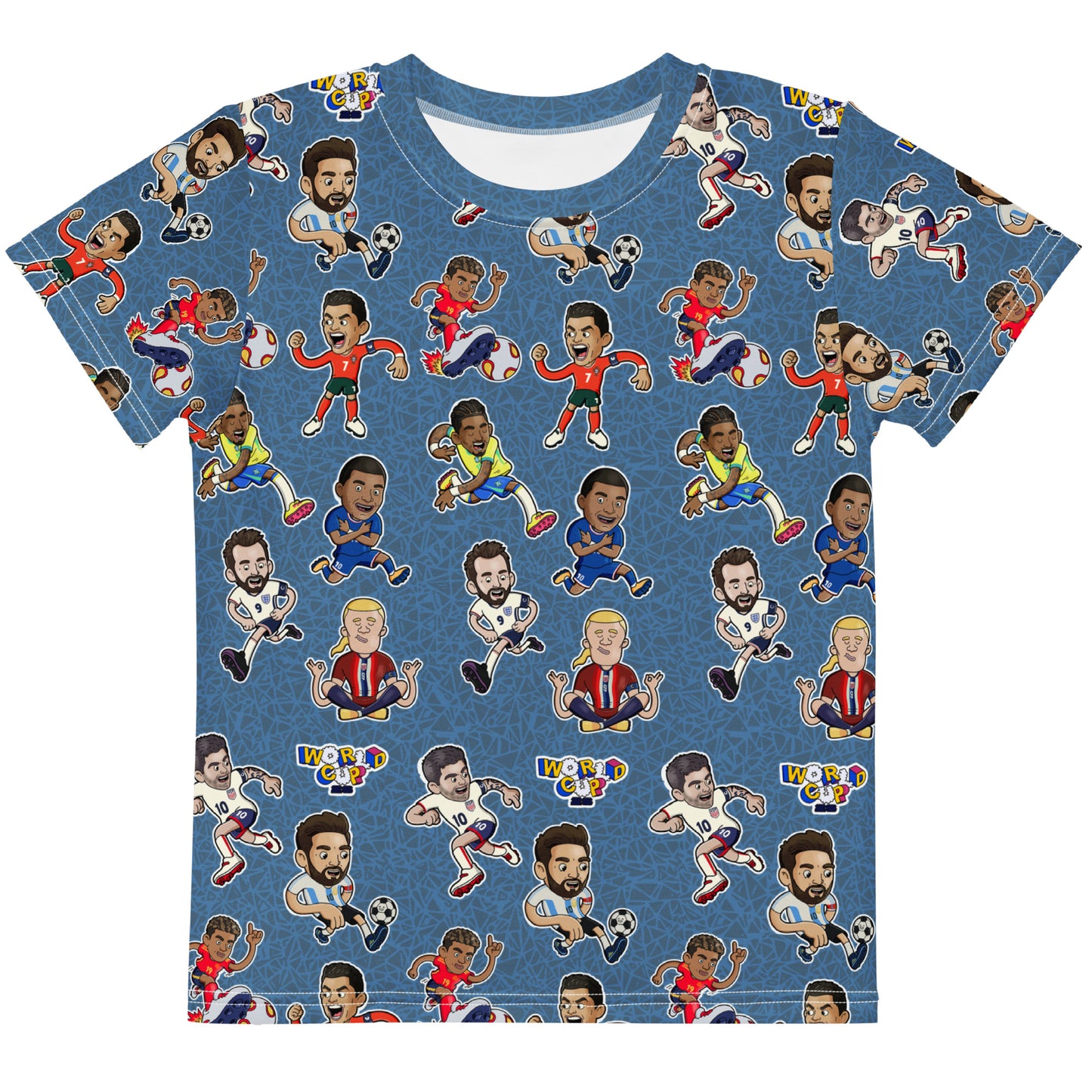 Illustrated soccer legends all-over print kids t-shirt for young football fans