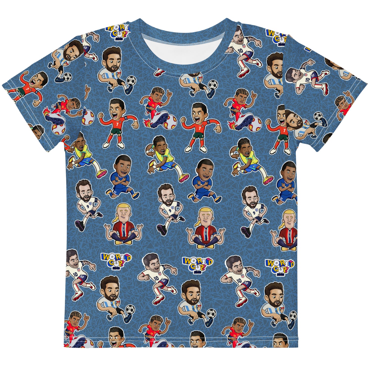 Illustrated soccer legends all-over print kids t-shirt for young football fans