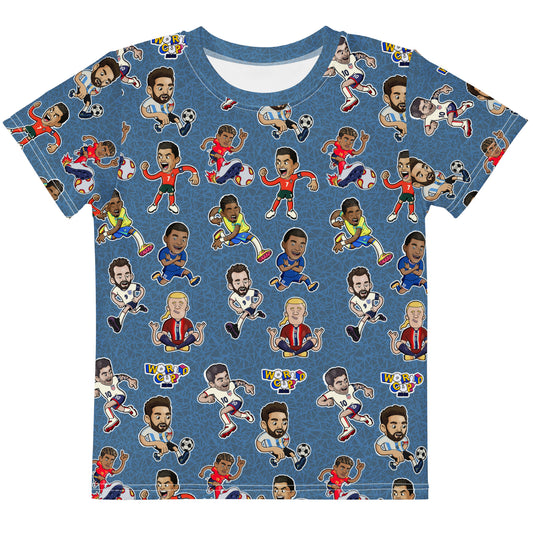 Illustrated soccer legends all-over print kids t-shirt for young football fans