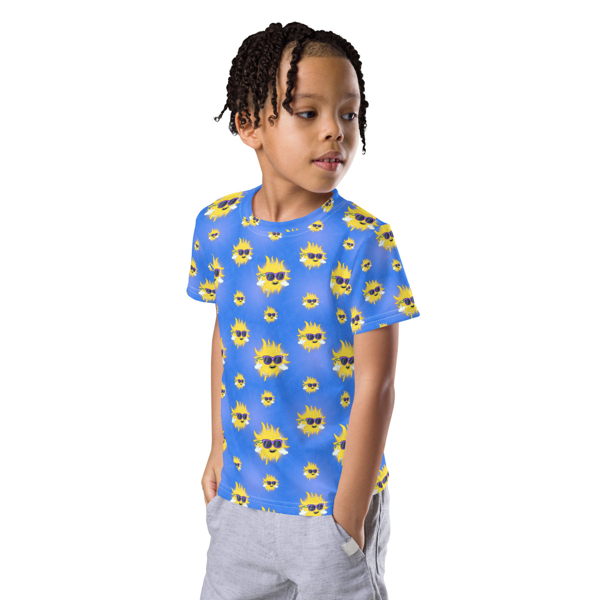 Bright all-over smiling sun print kids t-shirt made by Danvillage Art Lab